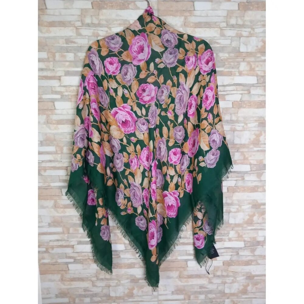 Saint Laurent Shawl Green Pink Grand Carre Rose, Modal + Cashmere